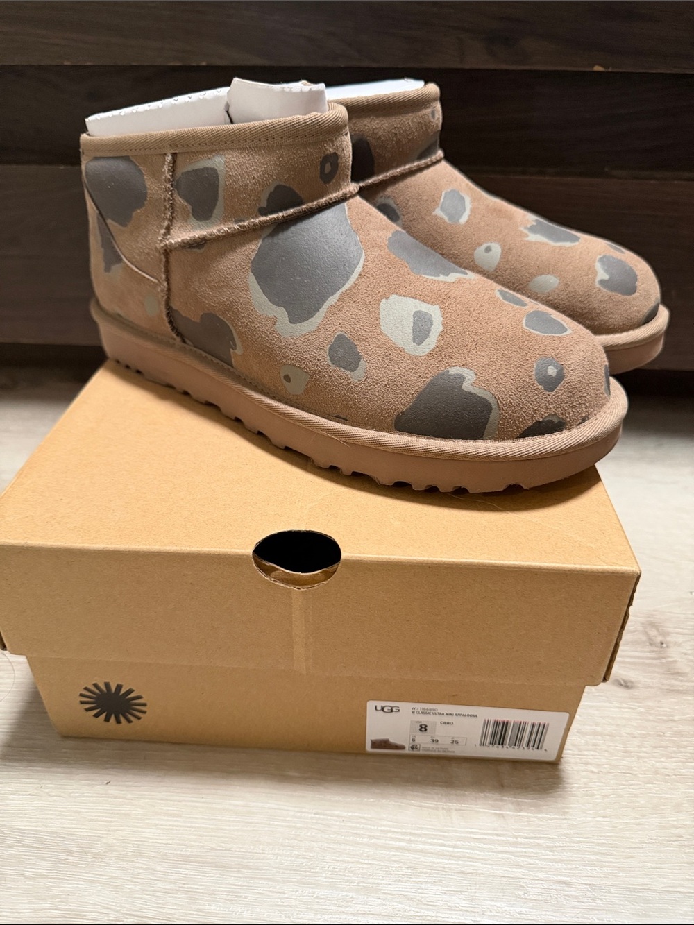 UGG Tan and Gray Leopard Mini Boot